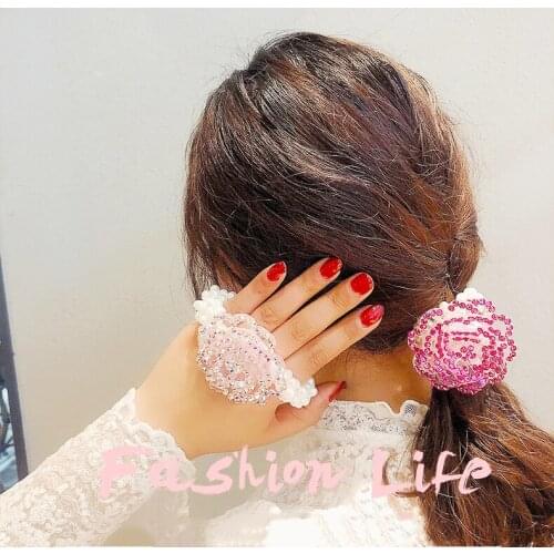 Pearl Flower Beaded Hair Ties Scrunchies Crystal Elastic Headband Ponytail Holders Women Hair Rope Rubber Gum Hair Accessories