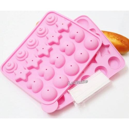 20 holes star heart ball shape Silicone lollipop cake baking chocolate ice tasty top pops molds with plastic sticks
