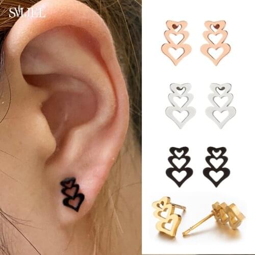 Sweet Stainless Steel Three Heart Earrings for Women Fashion Korean Style Hollow Tiny Heart Stud Earrings brincos feminino