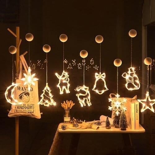 LED Christmas Curtains Light Sucker Window Hanging Lamps Xmas Tree Deer Bells Star Fairy Lights for Home New Year Wedding Decor