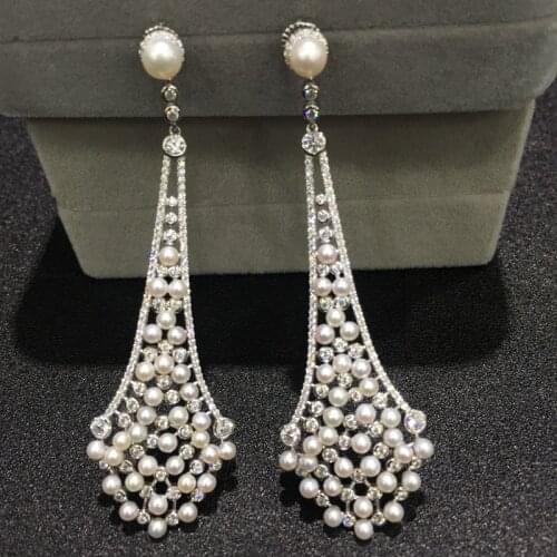 Vintage natural fresh water pearl drop earring 925 sterling silver with cubic zircon and tiny pearl fine women jewelry