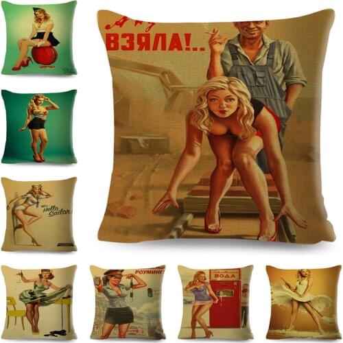 Vintage Style Sexy Lady Cushion Cover Decor Cartoon Pinup Girls Print Pillowcase Polyester Pillow Case for Sofa Home 45x45cm