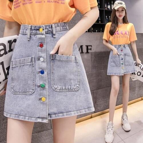 Denim Skirt High Waist A-line Mini Skirts Women 2021 Summer New Arrivals Single Button Pockets Blue Jean Skirt Saia Jeans Y231