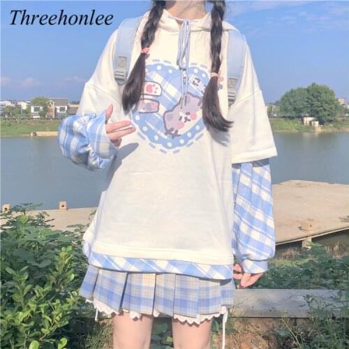 Female Sweety Shirts Japanese Kawaii Soft Patchwork Kawaii Splicing Pullover Full Sleeve Printed Loose Hooded Sweatshirts