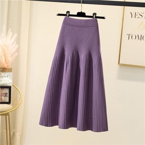 New 2021 Autumn Winter Knitted Skirt Women Casual Solid All-match A Line High Waist Pleated Midi Long Skirt Female Ladies VD2290