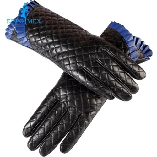 Womens gloves,Wrist mouth blue lace,Genuine Leather,Cotton,Adult black leather gloves,Ladies gloves,Female gloves,Free shipping
