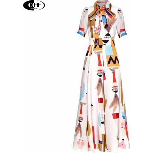 Summer Women Fashion Runway Suits Short Sleeve Cartoon Print Shirt + Long Pants + Bow Elegant Vintage two 2 Piece Set outfits