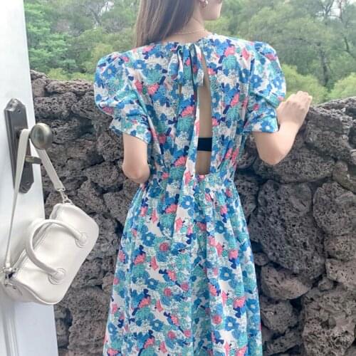 Korea Chic Retro Sweet Round Neck Hollow Halter Lace-Up High Waist Puff Sleeve Flower Dress Female