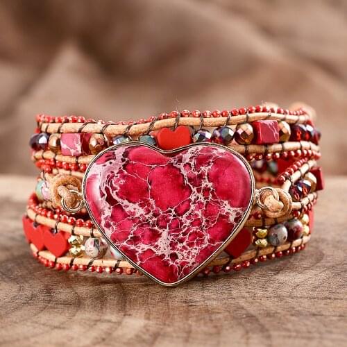 Red Heart Natural Stones Link Chain Handmade Love Charm Bracelets Leather Beaded Bangles