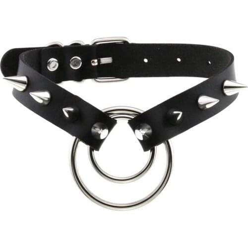 2021 Leather Rivet Spike Choker ON Neck Collar Necklace Women Punk Goth Jewelry Double Circle Pendant Choker Gothic Accessories
