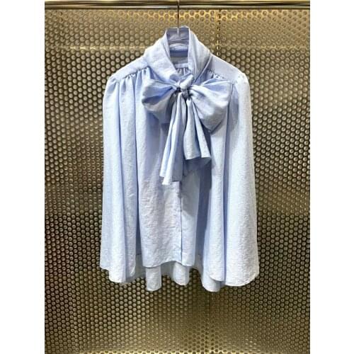 2021 Autumn New 10.21 Fashion Casual Loose Bow Collar Solid Color Pleated Long Sleeve Shirt Blouse Women