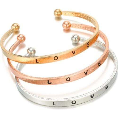 3 Color Love Letter Engraved Round Ball Open End Cuffs Bangle Bracelet for Women Girls DIY Pandora Charms Bracelets Jewelry Gift