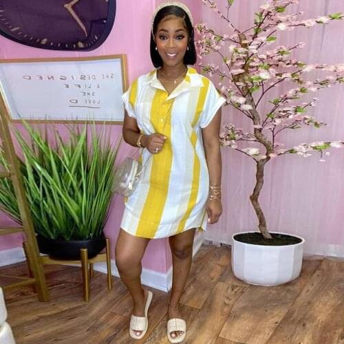 Yellow White Vertical Striped Shirt Blouse Dress Fashion Women Turn Down Collar Short Sleeve Dress Casual Buttons Up Vestidos