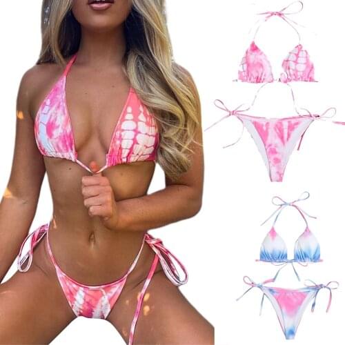 Womens 2Pcs Tie-dyed Bikini Suit Split Style Deep V-neck Lace-up Halter Tops with Bandage Thong Bottom for Beach/Swimming