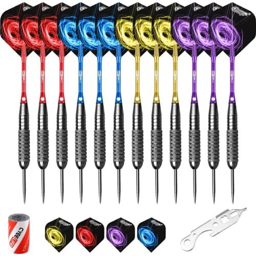 CyeeLife 22/28g Steel tip darts Professional 12 Packs,12 Aluminium Shafts 4 Colors+Tool+Sharpener+12 Flights+Gift packaging