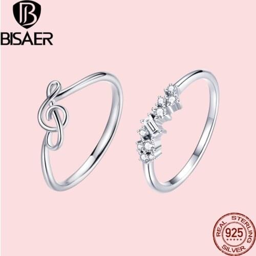 BISAER 925 Sterling Silver Music Note Wedding Ring Jewelry Irregular Dazzling Zircon Rings For Women Party Engagement EFR185
