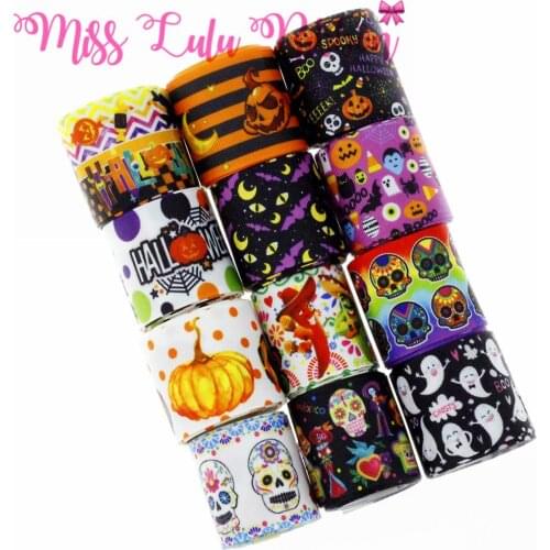 16mm-75mm Halloween Series Pumpkin Ghost Printed Grosgrain/Foe Ribbon Hair Band Making 50yards/roll Skull Patterns