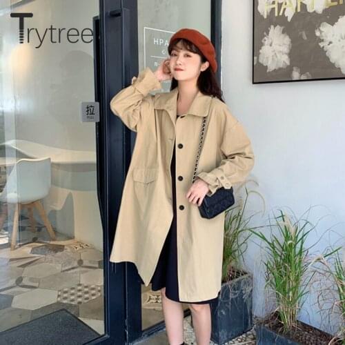 Trytree 2020 Autumn Womens Trench Coat Casual Solid Turn-down Collar Single Breasted Pockets Long Office Womens Windbreaker