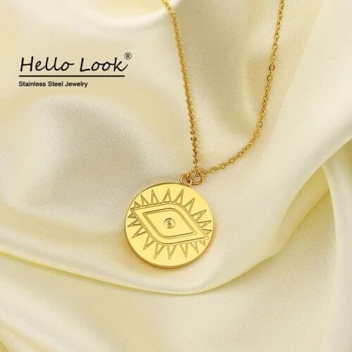 HelloLook Evil Eye Necklace for Girls Round Coin Pendant Necklace Men Women Stainless Steel Collar Neck Jewelry Choker Necklace