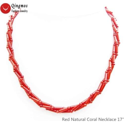 Qingmos Fashion 3*9mm Thick Slice Natural Red Coral Necklace for Women with 3-4mm Round Coral Necklace Jewelry 17'' Chokers 6566