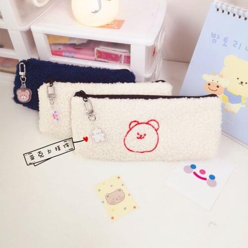 Kawaii Smiley Embroidery Plush Pencil Case Simple Fashion Pencil Bag Cute Stationery Pouch Bag School Supplies Child Kids Gifts