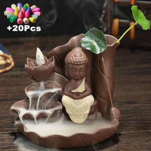 With 20Pcs Cones Purple Sand Handicraft Lotus Buddha Backflow Incense Burner Incense Stick Holder Buddha Ceramic Censer Tea Pet