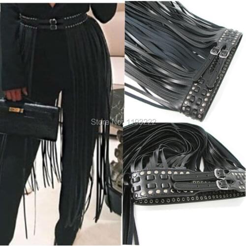 Sexy Punk Gothic Handcrafted Wide Body Waist Cincher Belt Long Tassel Fringe PU Leather Dress Skirts Stud Rivets Straps