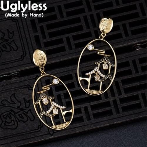 Uglyless Oriental Charm Hollow Grilles China Building Temples Earrings for Women 925 Silver Eastern Exotic Jewelry Gold Brincos