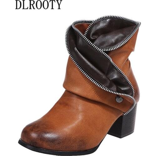 Women Ankle Martin Boots Autumn Female Casual Shoes Woman High Heels Fashion Platform Pointed Toe Zip Solid Plus Size 34-43