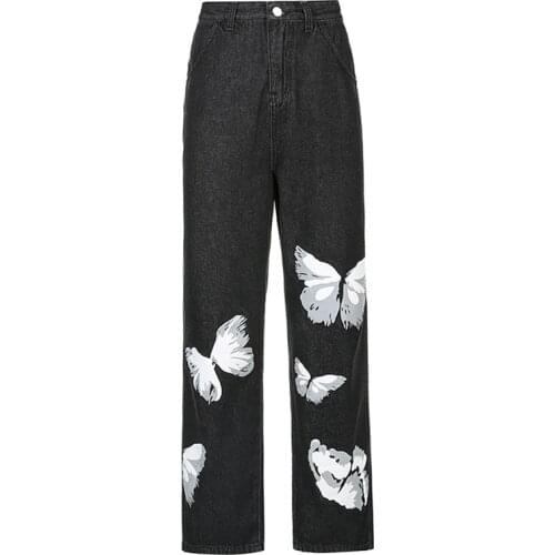 Uclio Womens Fashion Butterfly Print Draping Straight Pants Womens Pants Black