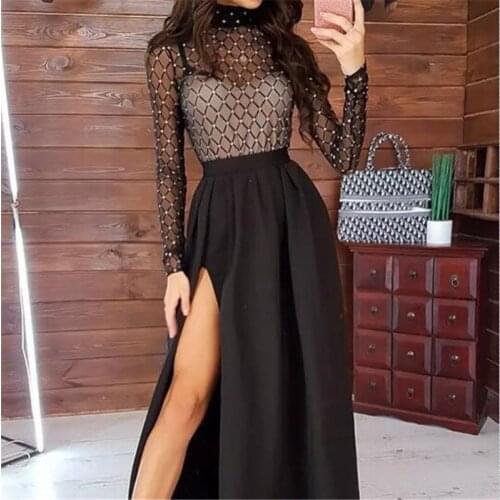 Women Bandage Bodycon Slim Dress Spring Summer Mesh Long Sleeve Evening Party Club Long Maxi Dress Sexy High Neck Split Dresses