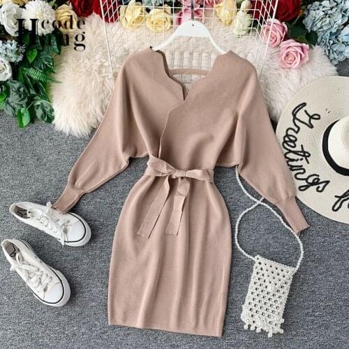 HangCode 2021 Long Sleeve V-neck Elegant Sash Bandage Dress Autumn Winter Women Fashion Wrap Hips Black Bodycon Office Dress