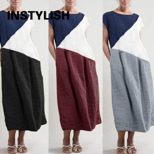 Instylish Women Short Sleeve Patchwork Loose Dress Casual Hit Color Cotton and Linen Long Dress Elegant Vintage Midi Dress