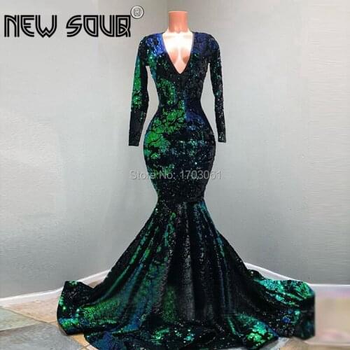 V neck Green Sequins Evening Pageant Dress Robe De Soiree Abendkleider Mermaid Middle East Prom Dresses Party Gowns 2019 Dubai