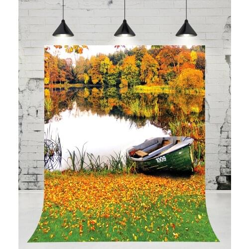 VinylBDS Autumn Natural Scenery Background Children Suburban Lake Boat Backdrop Wooden Boat Grass Backdrops for Photo Studio