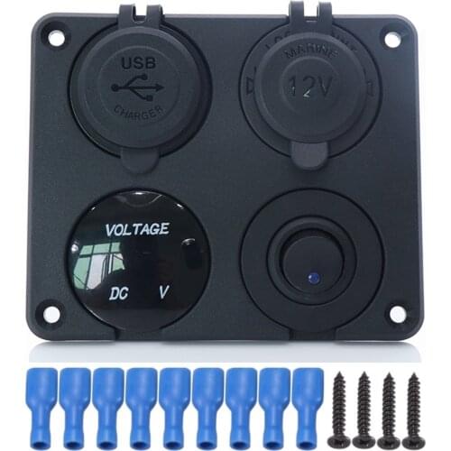4 In 1 Car Charger Panel Dual USB Power Socket 4.2A Voltmeter Cigarette Lighter ON OFF Rocker Switch for Boat Marine RV Truck