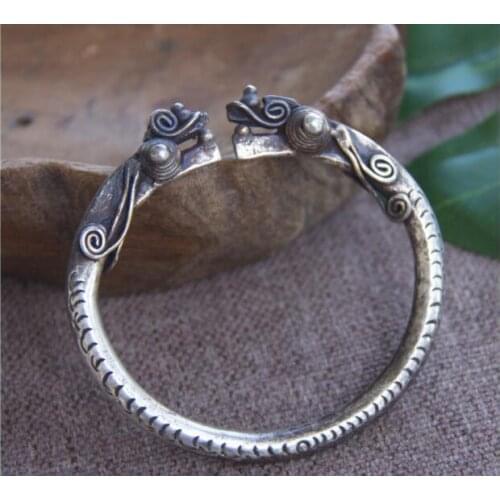 Ethnic style silver plated double dragon head Bracelet solid lizard opening Bracelet amulet lucky to protect powers Bracelet