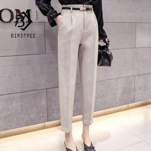 2021 Spring Autumn Casual Suit Bud Pants Womens Workwear Solid High Waist Straight Pants Capris Trousers With Belt B18551X