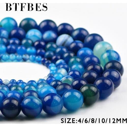 BTFBES Natural Lake Blue Stripe Carnelian Beads Banded Stone 4 6 8 10 12mm Onyx Round Loose Bead For Jewelry Bracelet Making DIY