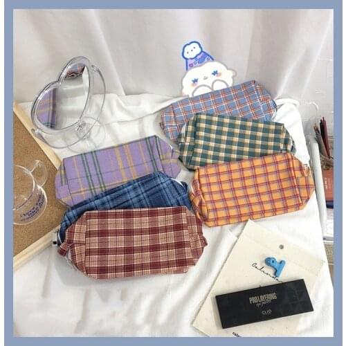 Vintage Pattern Pencil Bag Pen Case INS Color Check Lattice Grid Fold Storage Pouch for Stationery Make up Travel School F136