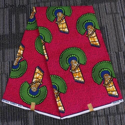 Chzimade 1Yard Ankara African Polyester Red Fan-shaped Print Fabric Handmade Real Wax Batik Fabric For Women Party Dress Making