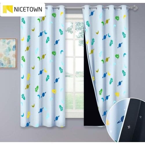 NICETOWN Blackout Kids Curtains 2 Layers of Space Rocket Planet Moon Printed Bedroom Nursery Drapes with Twinkle Stars Cut Liner