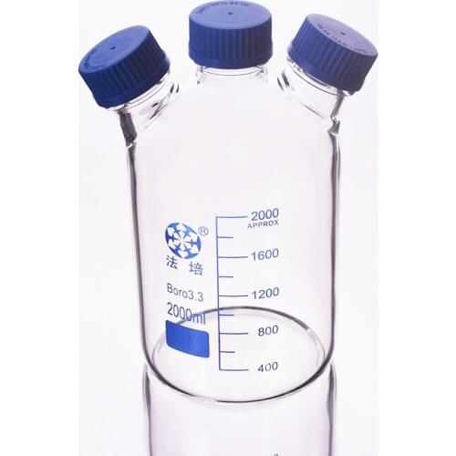 Reagent bottle,With 3 blue screw covers,Borosilicate glass 3.3,Heavy wall 2000ml,Graduation Sample Vials Plastic Lid