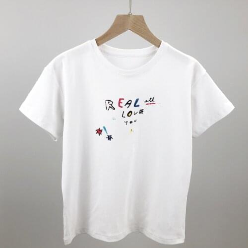 Letter Graffiti Printed T-Shirt White Cotton Shirt Womens O-Neck Short Sleeve Tee 2021 Summer Female Fun Cute Tops Short Style