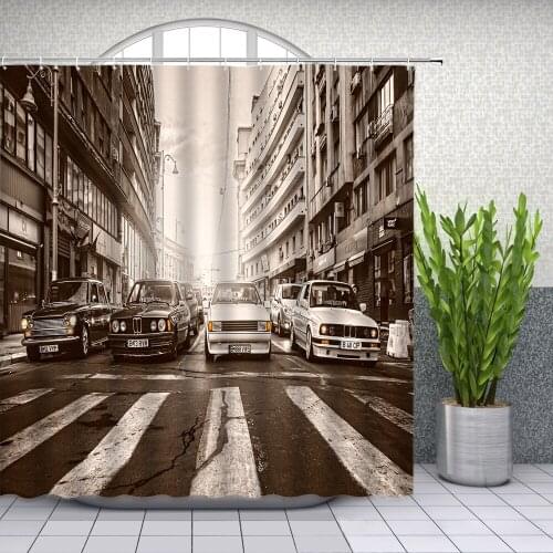 City street building car sidewalk Nostalgia Black white style Shower Curtains Bathroom Decor Waterproof Cloth Curtain Set Cheap