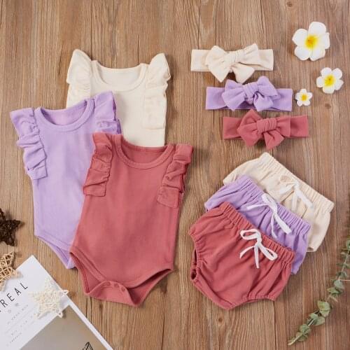 0-24M Newborn Baby Girls Bodysuit Outfit, Summer Breathable Solid Color Sleeveless Romper + Shorts + Bow Headwear 3Pcs