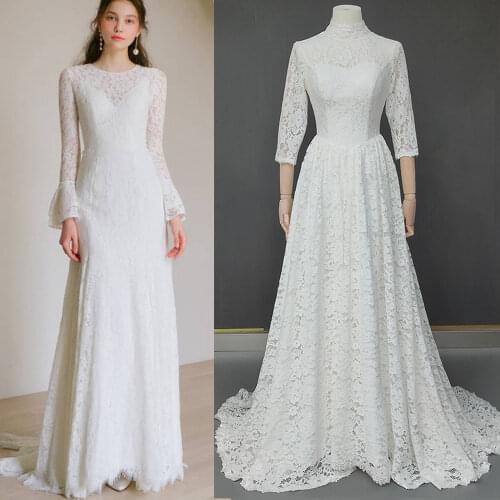 Lace Long Trumpet Sleeves Wedding Dress Elegant Cheap A Line Bridal Gown Engagement Dress for Photography Free Shipping 1349