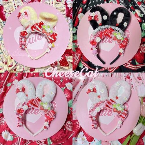 Korean Lolita Cute Plush Strawberry Rabbit Ear Bowknot KC Headband Japan Mori Girl Sweet Harajuku Womens Hair Hoop Accessories