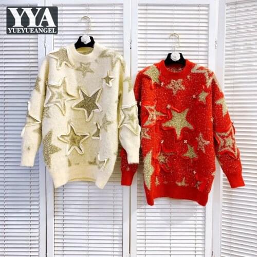 Fashion Autumn New Women Star Knitwear Tops Loose Fit Pullover Casual Designer Knitted Sweater Ladies Shiny Christmas Sweaters