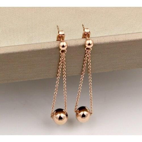 Fashion Stainless Steel Earring Love Long Chain Ball Bead Dangle Drop Earrings Rose Gold Color Women Female Party Gift